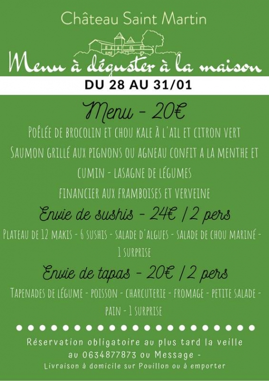 Menu 28 au 31/01/21, Pouillon, Château Saint-Martin