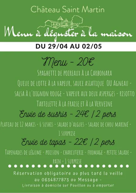 Menu du 29/04 au 02/05, Pouillon, Château Saint-Martin
